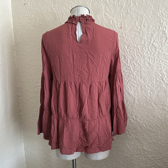 Zara Rose Pink Smocked High Neck Tiered Bell Sleeve Top Blouse Small - Picture 6 of 8